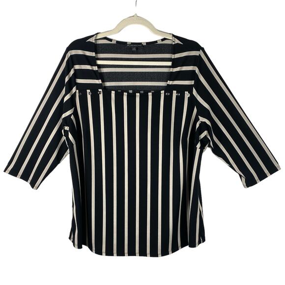 Adrianna Papell Square Neck Top Shirt Plus Sz 1X Black Tan Stripes 3/4 Sleeves - Picture 1 of 10